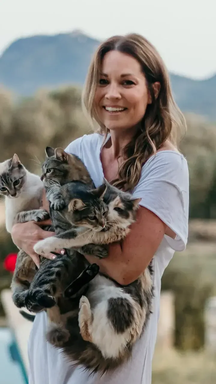 Rayne carrying an armful of cats